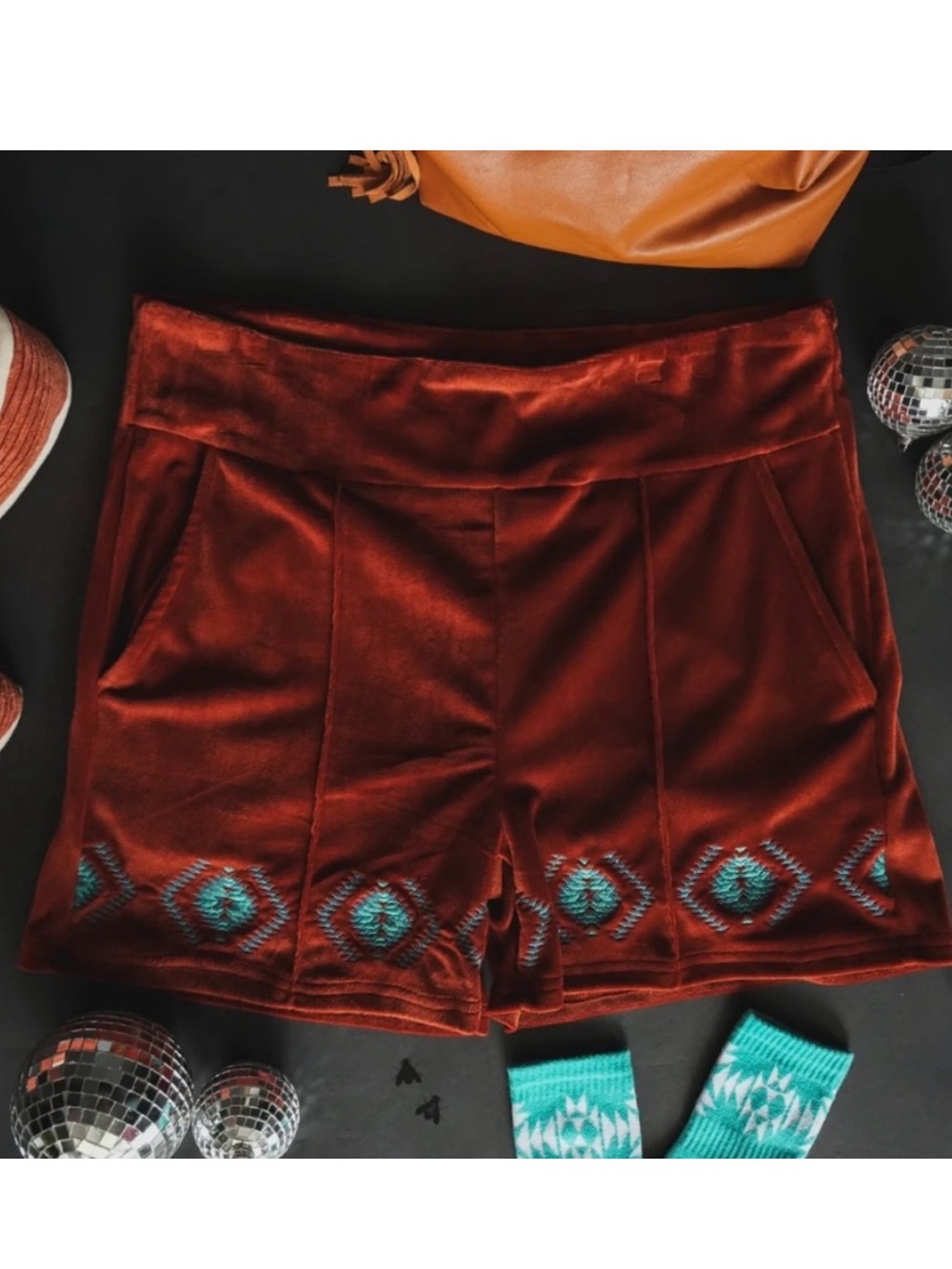 Velvet Aztec Embroidered Shorts